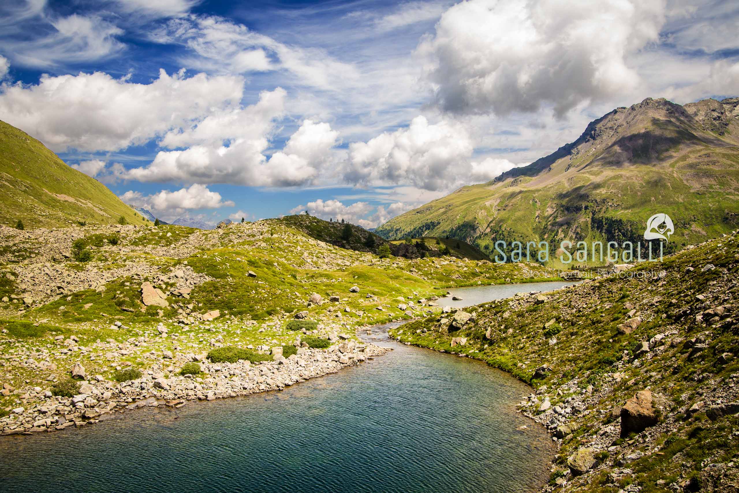 View of a valley in the mountain landscape of Italy, in Valtellina