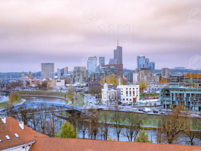 Vilnius city, capital of Lithuania. View on modern city center, skyscrapers and bridge over Neris river